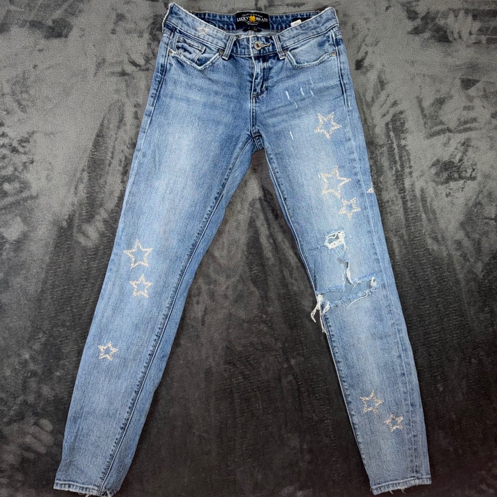 Womens 0/25 Lucky Brand Stella Skinny Jeans Blue Excellent Star Distressed